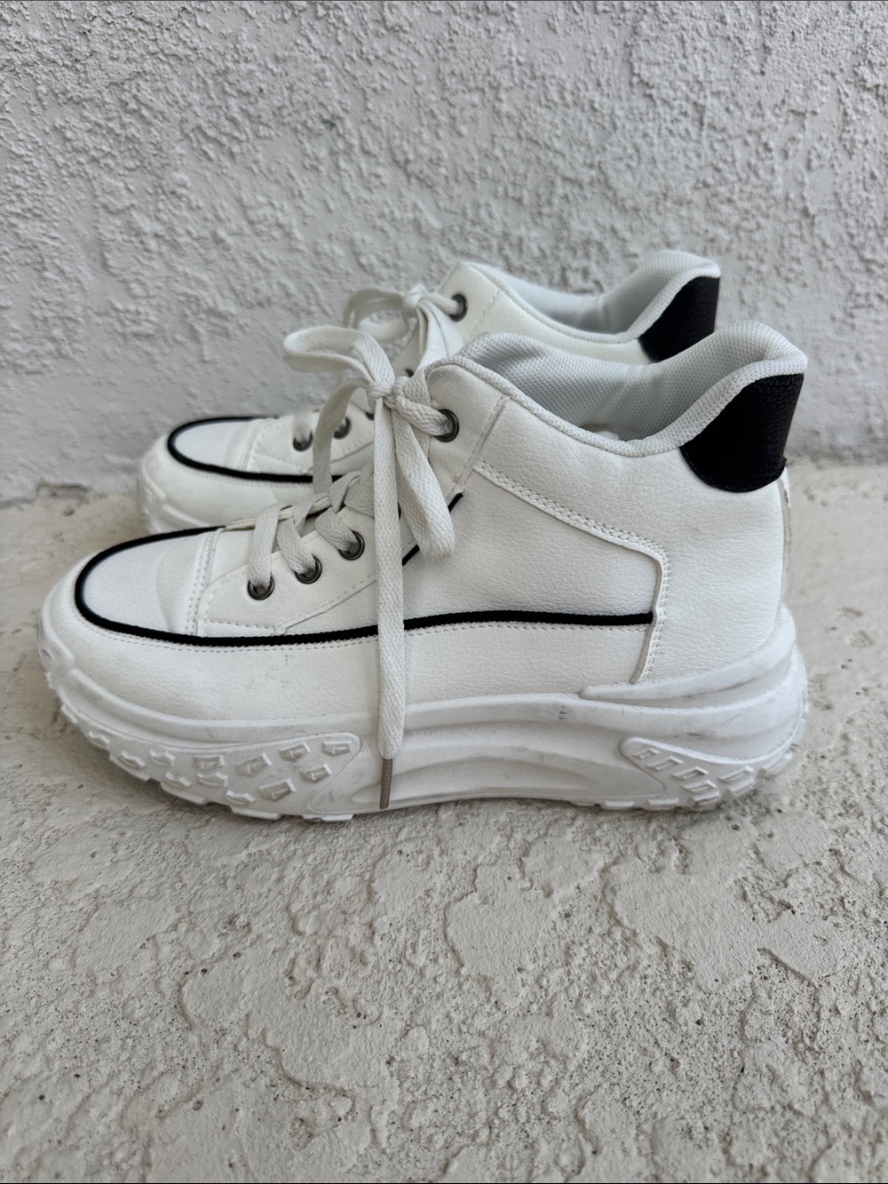 White Athletic Platform Sneakers with Black Trim - Women's